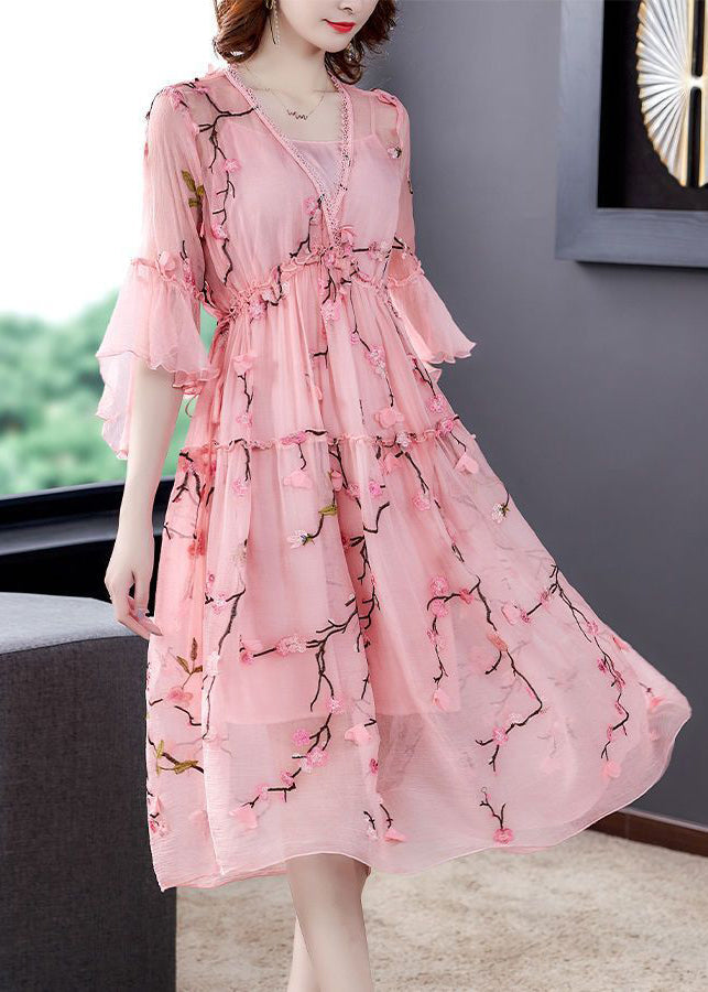 Elegant Pink Ruffled Embroideried ChiffonSilk Maxi Dresses Flare Sleeve