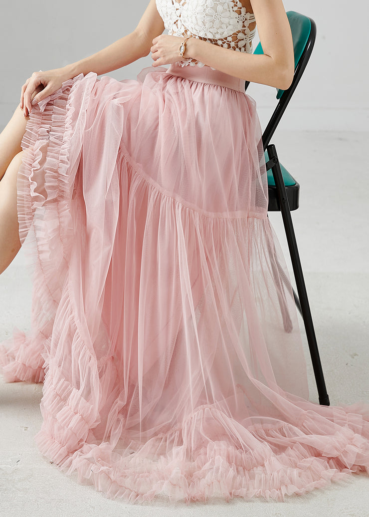 Elegant Pink Ruffled Exra Large Hem Tulle Skirt Spring