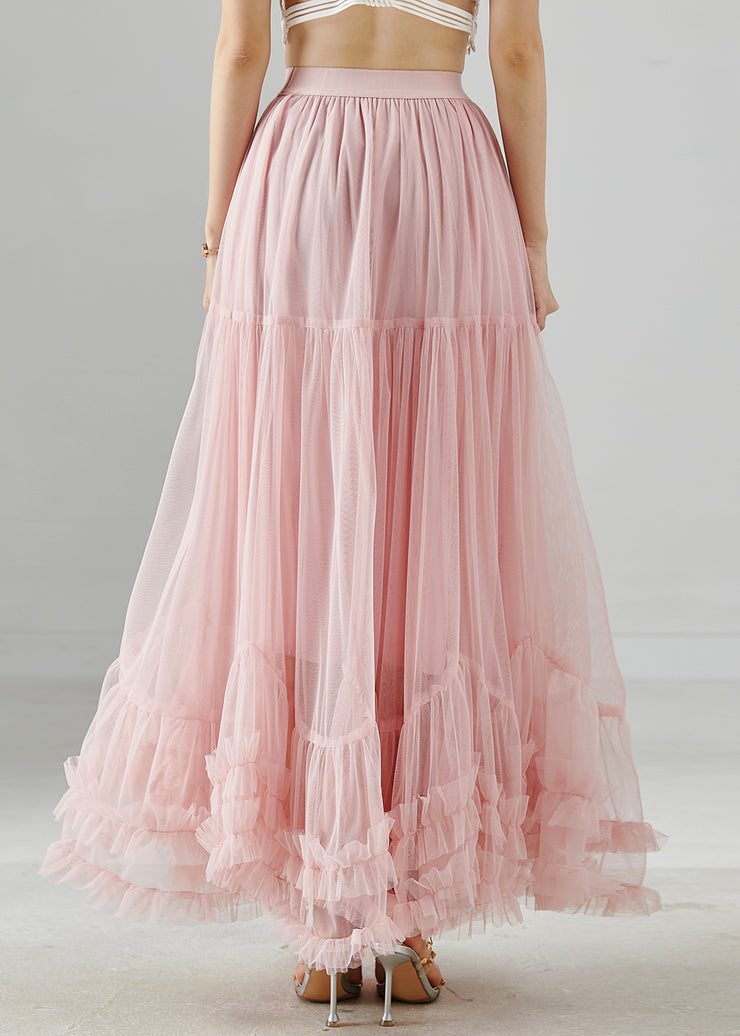 Elegant Pink Ruffled Exra Large Hem Tulle Skirt Fall