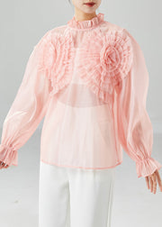 Elegant Pink Ruffled Floral Chiffon Blouses Summer