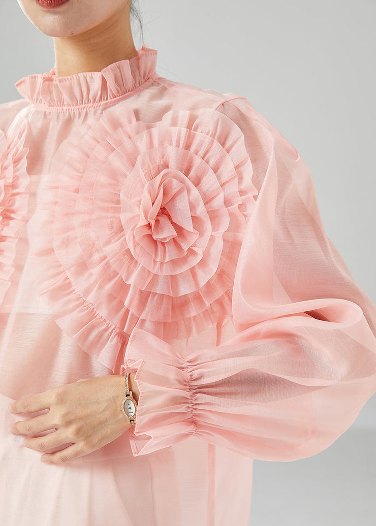 Elegant Pink Ruffled Floral Chiffon Blouses Summer