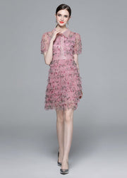 Elegant Pink Ruffled Nail Bead Print Patchwork Tulle Mid Dress Summer