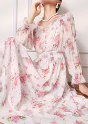 Elegant Pink Ruffled Print Chiffon Dress Long Sleeve