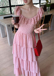 Elegant Pink Ruffled Print Chiffon Long Dress Summer