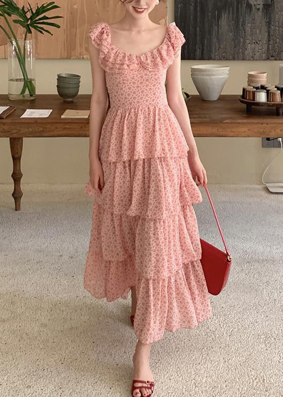Elegant Pink Ruffled Print Chiffon Long Dress Summer