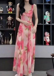 Elegant Pink Ruffled Print Chiffon Spaghetti Strap Dress Sleeveless