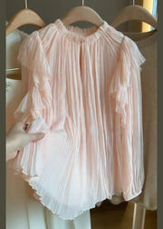 Elegant Pink Ruffled Solid Patchwork Chiffon Tops Long Sleeve