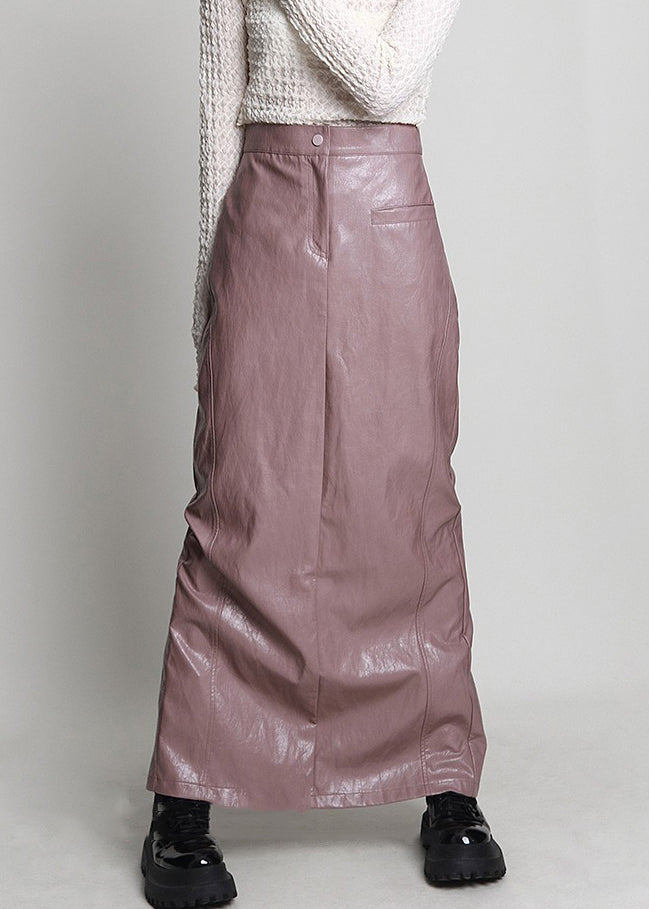 Elegant Pink Side Open High Waist Faux Leather Skirt Spring