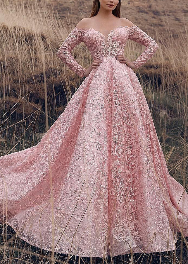 Elegant Pink Slash Neck Lace Ankle Dress Spring