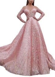 Elegant Pink Slash Neck Lace Ankle Dress Spring
