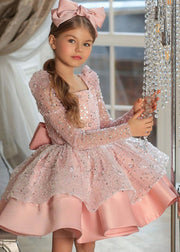 Elegant Pink Square Collar Bow Sequins Tulle Girls Maxi Dresses Spring