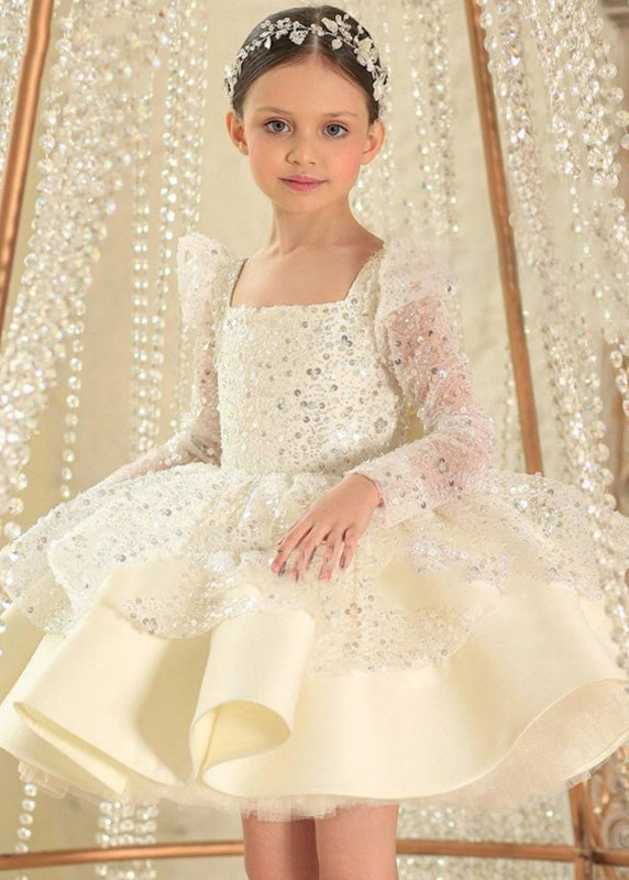 Elegant Pink Square Collar Bow Sequins Tulle Girls Maxi Dresses Spring