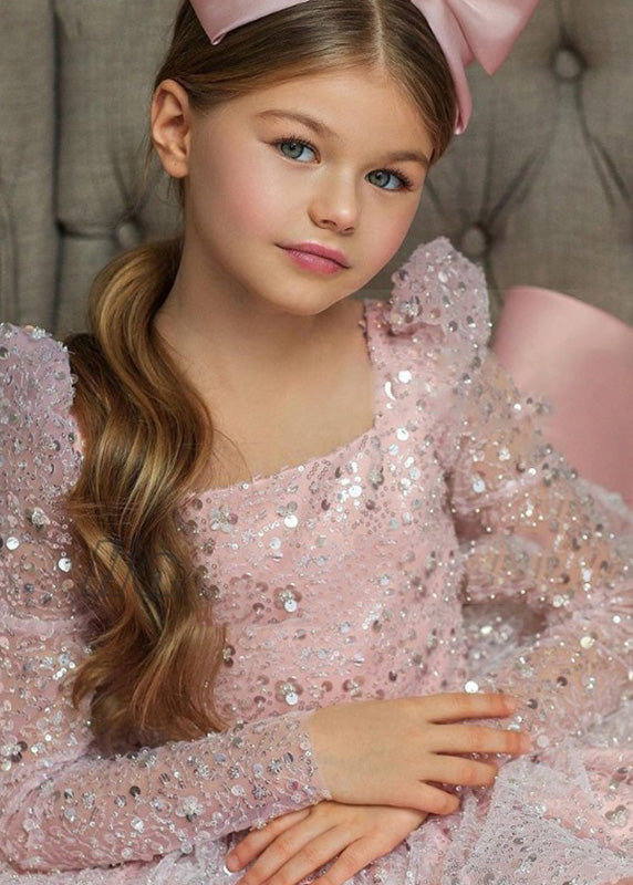 Elegant Pink Square Collar Bow Sequins Tulle Girls Maxi Dresses Spring