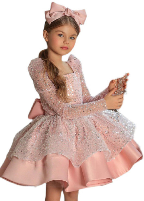 Elegant Pink Square Collar Bow Sequins Tulle Girls Maxi Dresses Spring