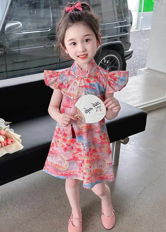 Elegant Pink Stand Collar Button Girls Mid Dress Summer