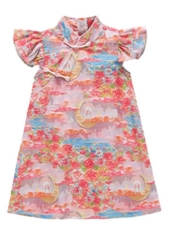 Elegant Pink Stand Collar Button Girls Mid Dress Summer