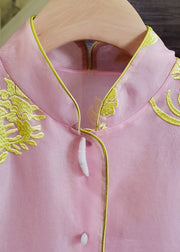 Elegant Pink Stand Collar Embroideried Patchwork Silk Vest Sleeveless