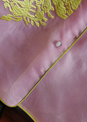 Elegant Pink Stand Collar Embroideried Patchwork Silk Vest Sleeveless