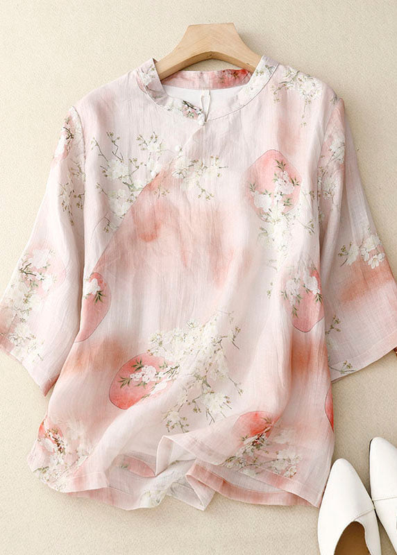 Elegant Pink Stand Collar Print Patchwork Cotton Shirts Top Summer