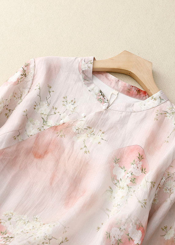 Elegant Pink Stand Collar Print Patchwork Cotton Shirts Top Summer