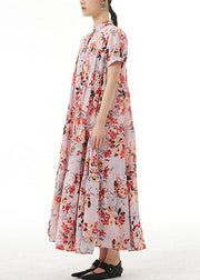 Elegant Pink Stand Collar Wrinkled Print Patchwork Chiffon Dress Summer