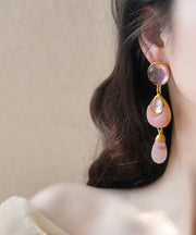 Elegant Pink Sterling Silver Overgild Crystal Coloured Glaze Water Drop Drop Earrings