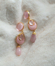 Elegant Pink Sterling Silver Overgild Crystal Coloured Glaze Water Drop Drop Earrings