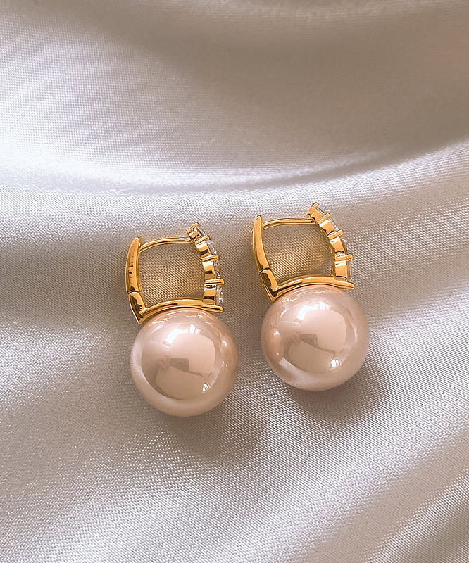 Elegant Pink Sterling Silver Overgild Pearl Hoop Earrings