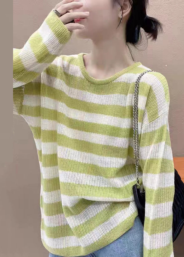 Elegant Pink Striped O Neck Cozy Knit Top Long Sleeve