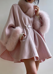 Elegant Pink Tie Waist Patchwork Woolen Coat Spring