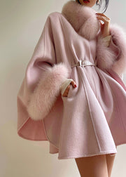 Elegant Pink Tie Waist Patchwork Woolen Coat Spring