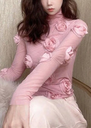 Elegant Pink Turtleneck Floral Tulle T Shirt Spring