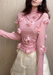 Elegant Pink Turtleneck Floral Tulle T Shirt Spring