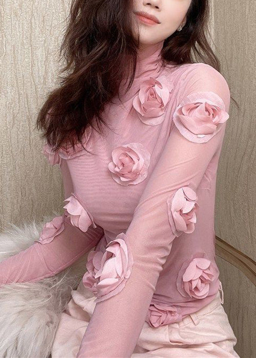 Elegant Pink Turtleneck Floral Tulle T Shirt Spring