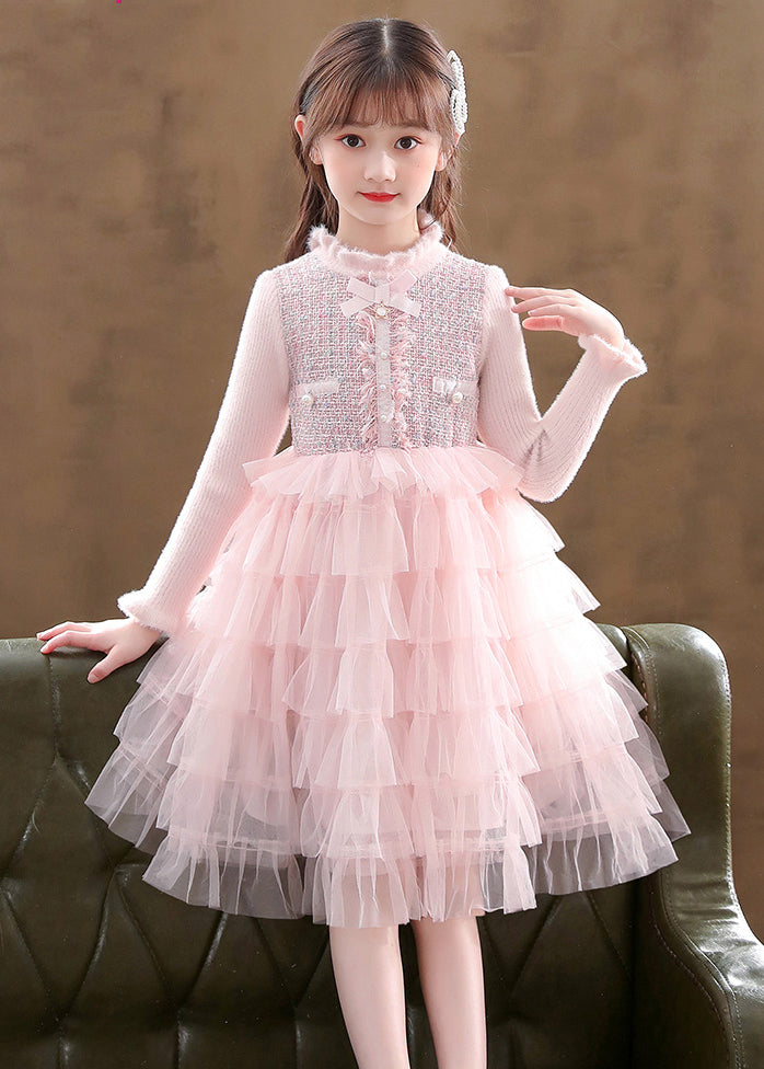 Elegant Pink Turtleneck Knit Patchwork Tulle Kids Vacation Mid Dresses Long Sleeve