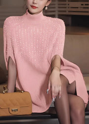 Elegant Pink Turtleneck Thick Cotton Knit Sweaters Winter