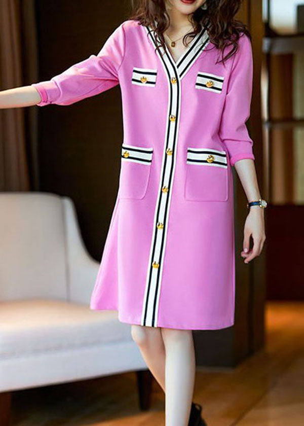 Elegant Pink V Neck Button Patchwork Cotton Mid Dress Spring