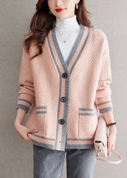 Elegant Pink V Neck Button Patchwork Knit Cardigan Fall