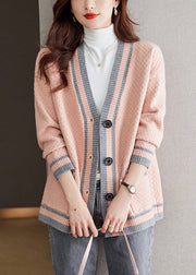 Elegant Pink V Neck Button Patchwork Knit Cardigan Fall