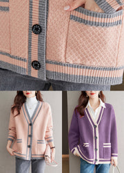 Elegant Pink V Neck Button Patchwork Knit Cardigan Fall