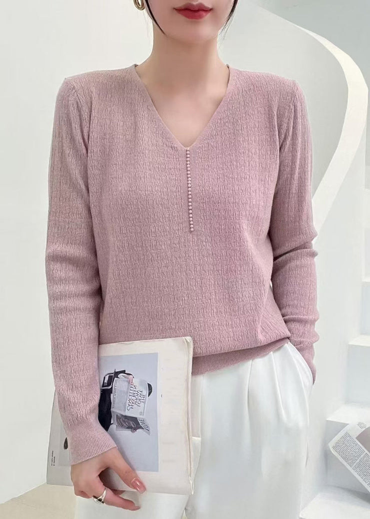 Elegant Pink V Neck Nail Bead Solid Knit Sweater Fall