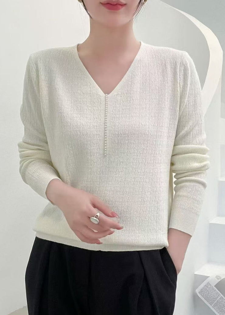 Elegant Pink V Neck Nail Bead Solid Knit Sweater Fall