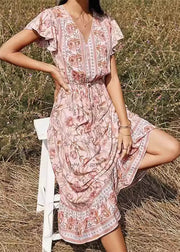 Elegant Pink V Neck Print High Waist Long Dresses Summer