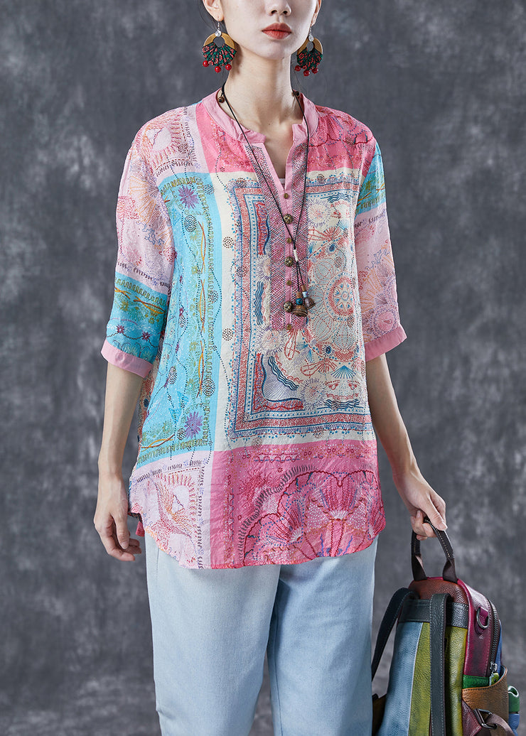 Elegant Pink V Neck Print Linen Tops Half Sleeve