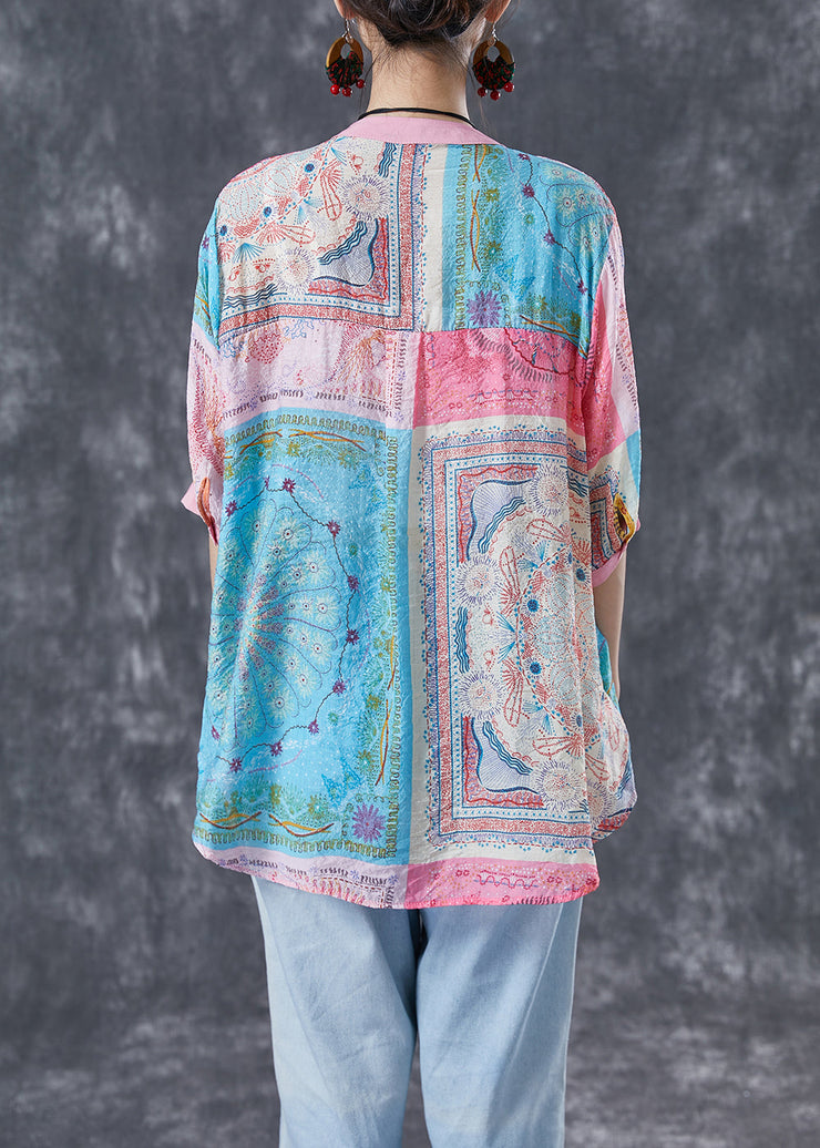 Elegant Pink V Neck Print Linen Tops Half Sleeve