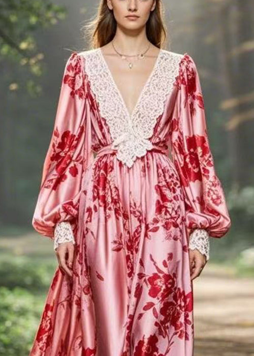 Elegant Pink V Neck Print Original Design Chiffon Long Dresses Spring