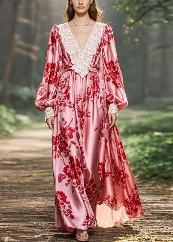 Elegant Pink V Neck Print Original Design Chiffon Long Dresses Spring