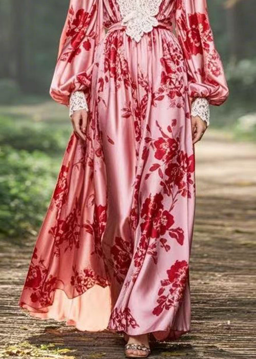 Elegant Pink V Neck Print Original Design Chiffon Long Dresses Spring