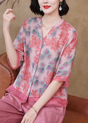 Elegant Pink V Neck Print Patchwork Linen Shirt Top Summer