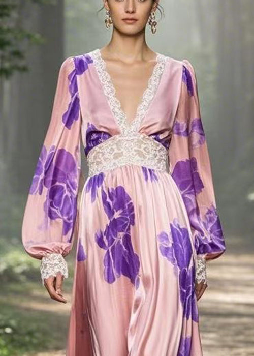 Elegant Pink V Neck Print Patchwork Silk Long Dress Spring